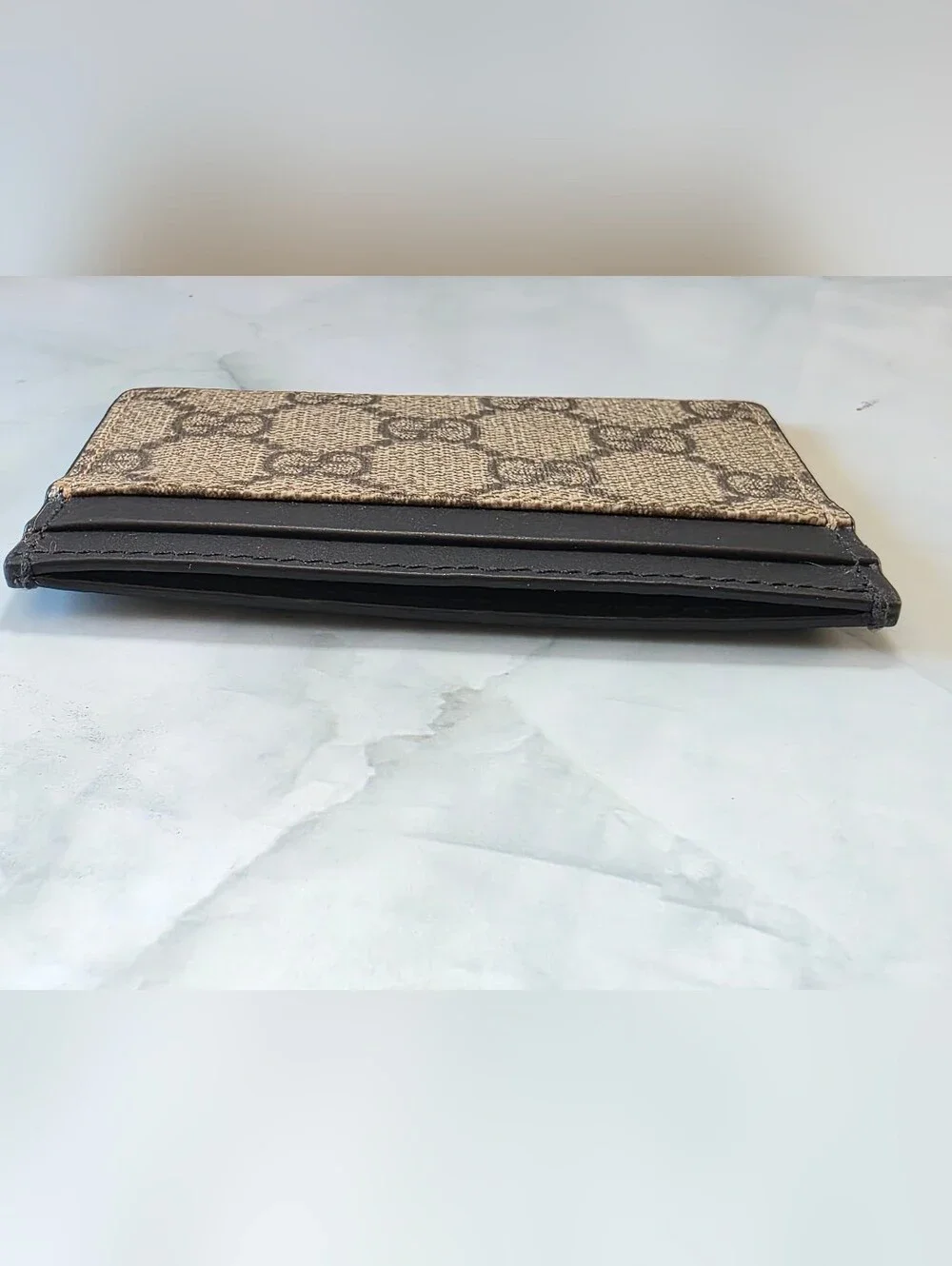 Gucci GG Supreme Card Holder Wallet Beige Ebony Black Leather